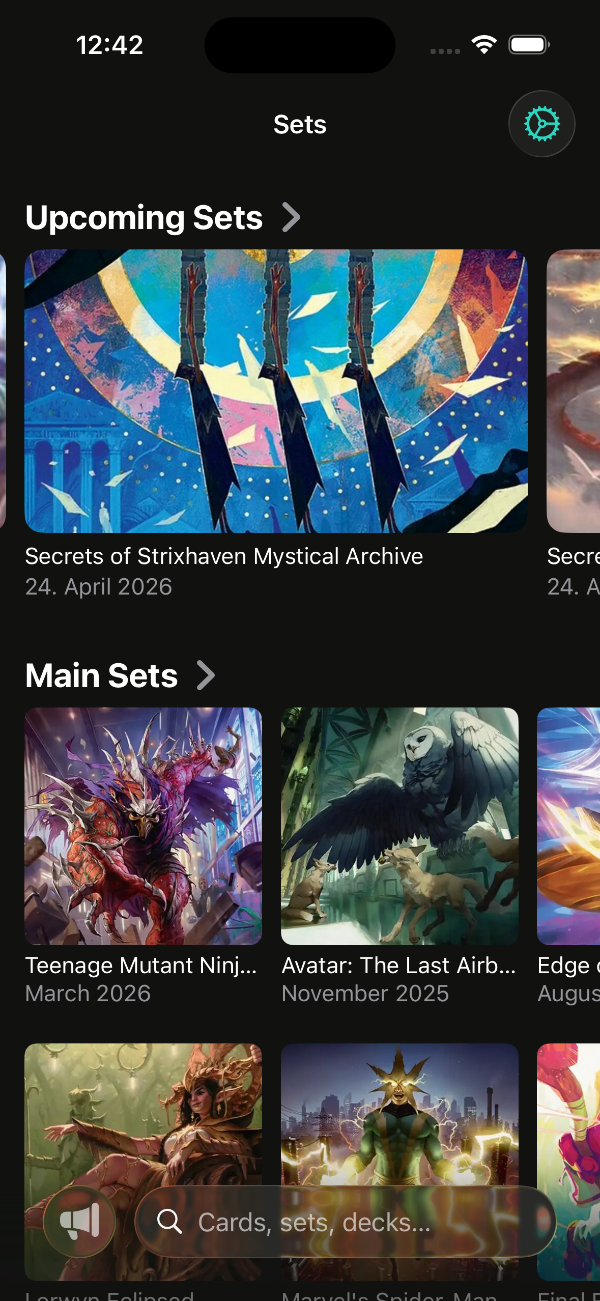 Scrollrack set overview showing upcoming and main sets