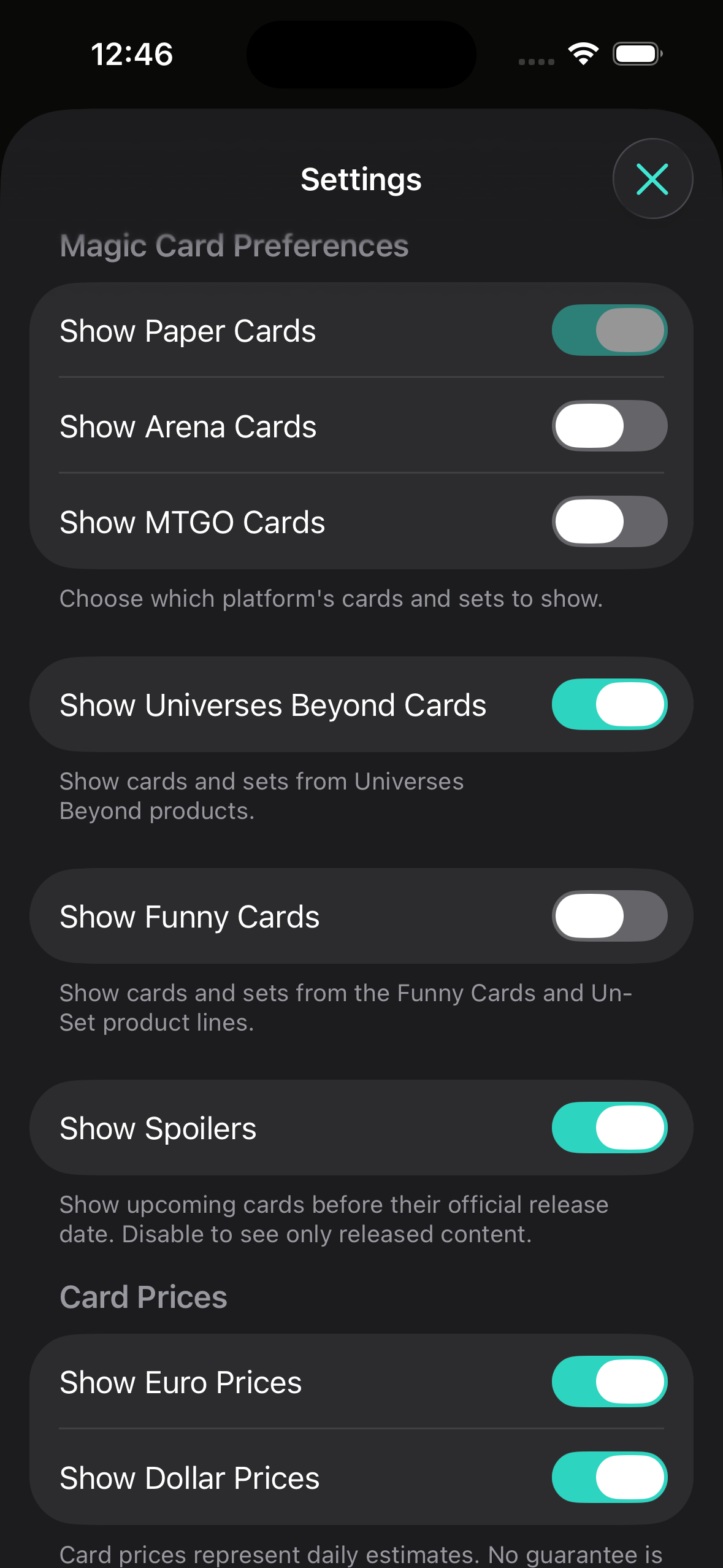 Scrollrack settings screen showing card filter preferences