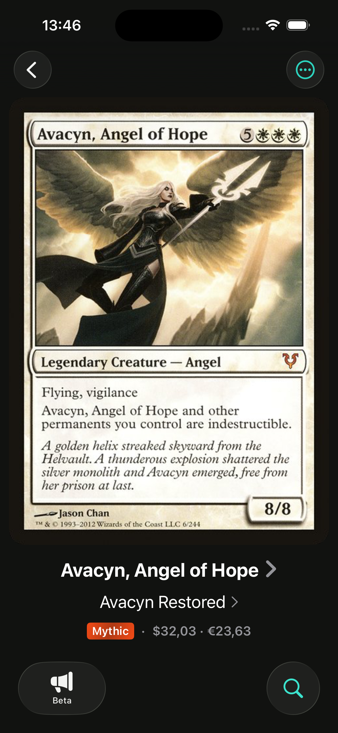 Scrollrack card detail showing Avacyn, Angel of Hope with current market price in USD and EUR
